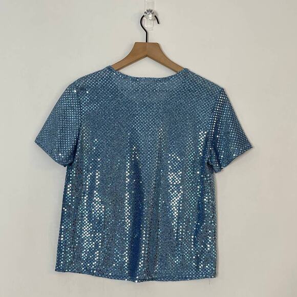 Kathie Lee Vintage Blue Sequin Short Sleeve Top Size Small 80s Party Shimmer - Picture 2 of 5